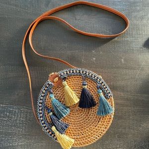 Handwoven Round Rattan Embroidered Crossbody